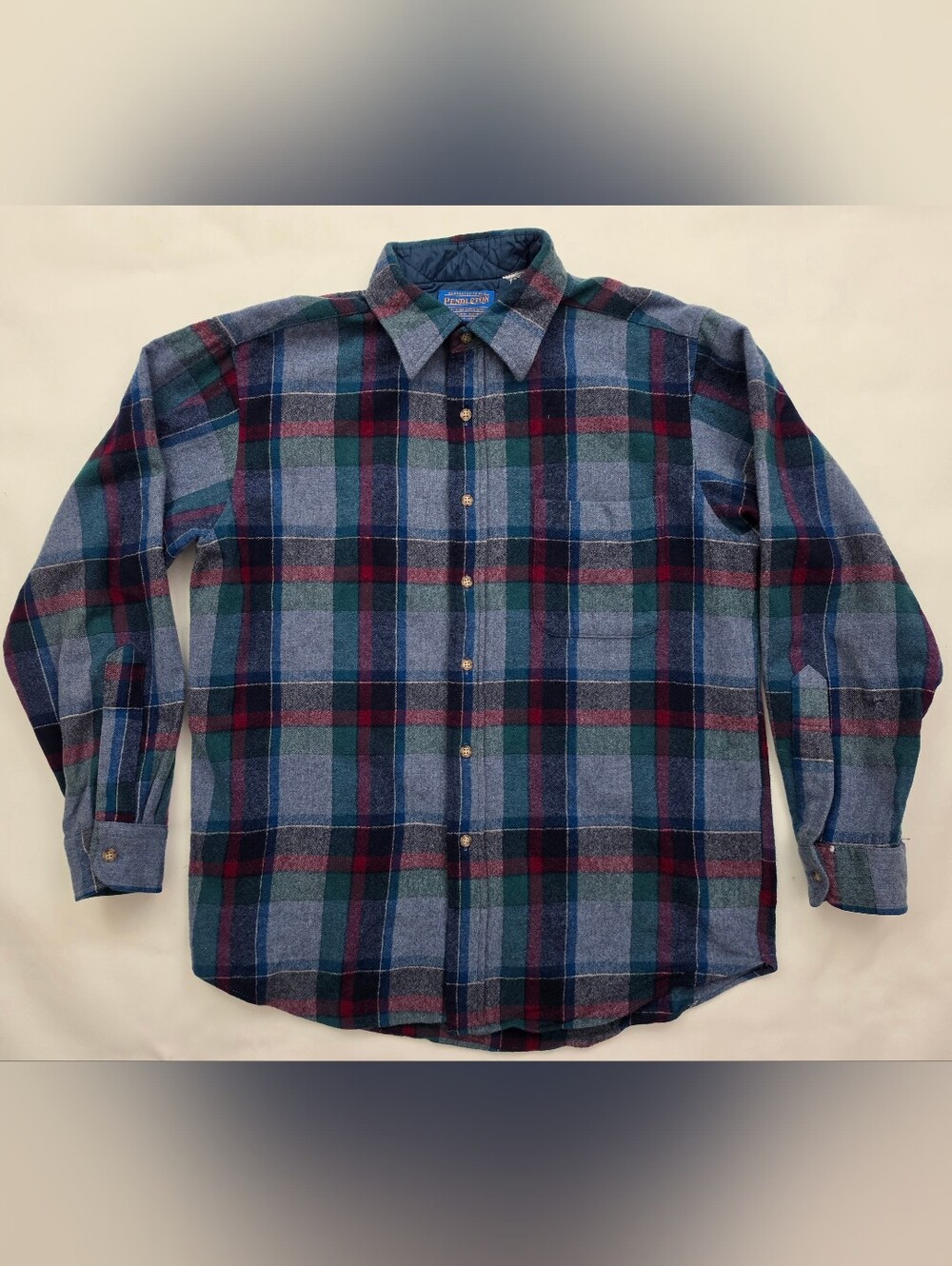 Vintage Pendleton Sz L Wool Blue Green Red Plaid Button-Down Shirt